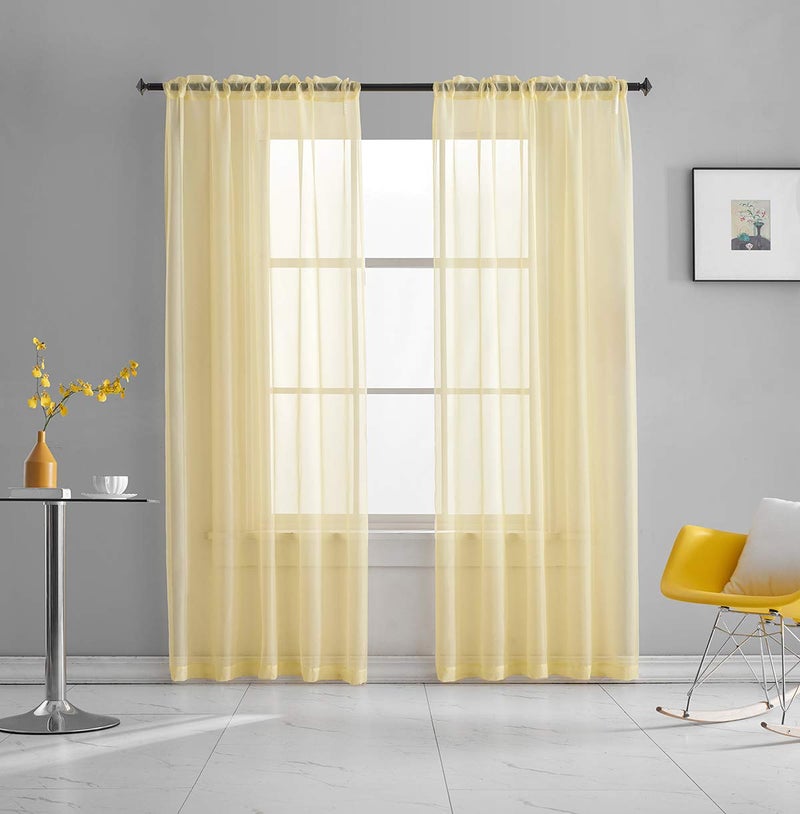 TOAVA DECO Light Yellow Sheer Curtains 95 Inches Long 2 Panels Voile Translucent Solid Color Window Treatment Rod Pocket Light Yellow Sheer Curtain 52x95 inches Bedroom Living Room - Image 1